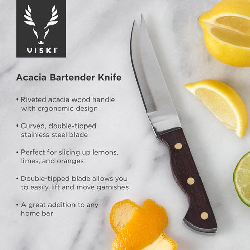 Viski Bartender Knife, 7 Inch, Acacia Wood Handle, Double Tipped Stainless Steel Blade, Set of 1