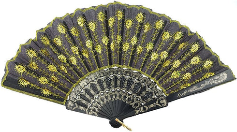 INNOLIFE Elegant Colorful Embroidered Flower Peacock Pattern Hand Fan - Hand-Crafted Folding Fabric, Full Set of 6pcs