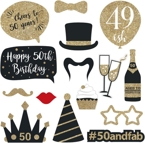 Fully Assembled 50th Birthday Photo Booth Props - Set of 30 - Cute Bday Designs with Real Glitter - Black & Gold Selfie