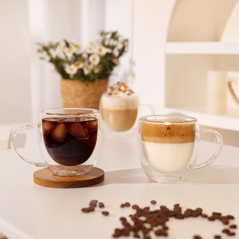 12oz(4-pack) CNGLASS Double Walled Glass Coffee Mugs,Insulated Glass Mugs with Handle,Clear Espresso Cups