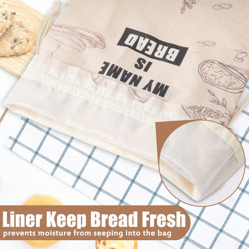 Bread Bags for Homemade Bread, Organic Linen Bread Bag with Plastic Liner, Bread Storage Bags with Drawstring Closure for Sourdough, Loaf, Artisan Bread, 2 Packs, 16.5" x 12"