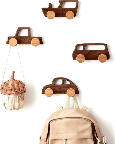 Vinoil Kids Coat Hooks Wall Mount, Walnut Car-Shaped Coat Rack Heavy Duty for