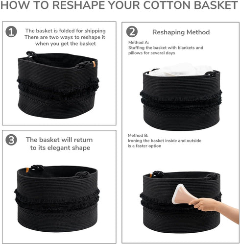 CherryNow Extra Large Black Laundry Basket - Rope Storage for Bathroom, Bedroom, Living Room, 22 x 14 inches
