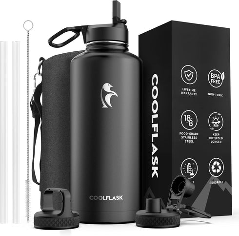 Insulated Water Bottle 87 oz with Straw, Coolflask 2/3 Gallon Stainless Steel Metal, 3 Lids Large Water Jug for Sports