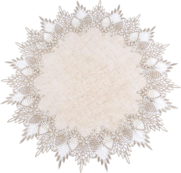 Polyester Round Doily,20 * 20in Beige Table Cover with Lace Trim, Coffee