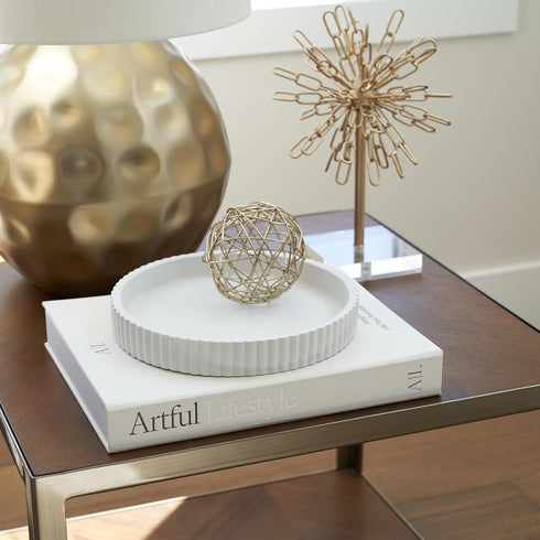 Set Decorative Concrete Tray & Book Decor - Scalloped Tray & Linen Box Enhance Your Coffee Table or Bookshelf Decor