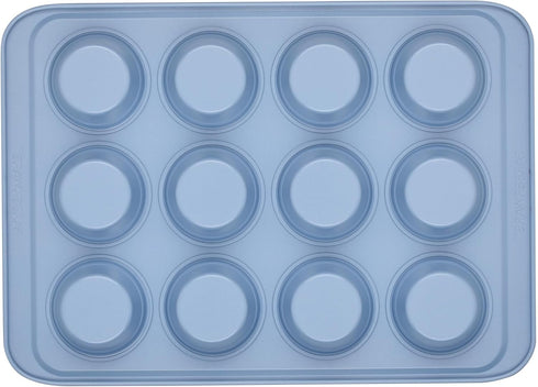 Farberware Nonstick Bakeware Muffin/Cupcake Pan, 12-Cup with Fill Lines, Blue