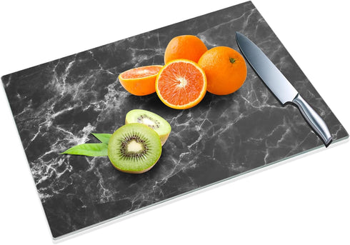Tempered Glass Cutting Board for Kitchen, 16"x12" Black Marble Pattern, Heat Resistant, Dishwasher Safe
