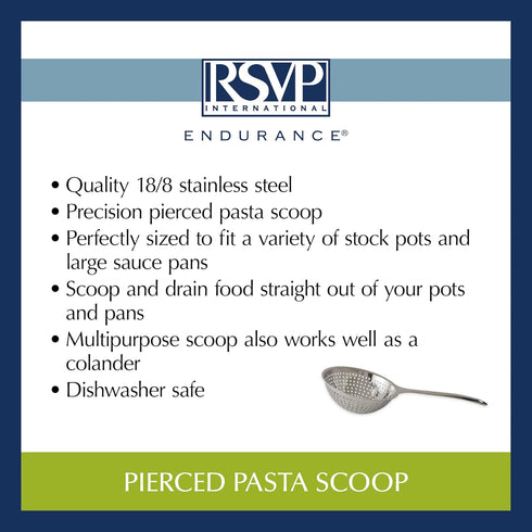RSVP International Endurance Kitchen Collection, Pierced Straining Tools, Pasta Scoop, 18/8 Stainless Steel