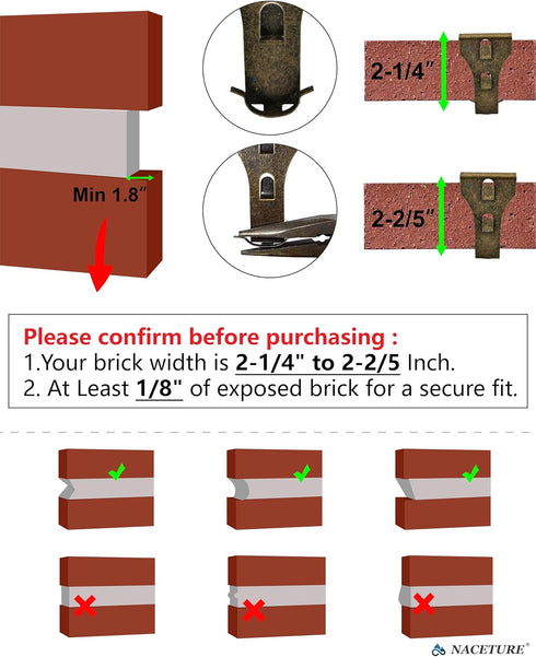 NACETURE Brick Hook Clips (8 Pack) - Fits 2-1/4 to 2-2/5 Inch Bricks, Requires More Than 1/8” Brick Wall Cement Gap