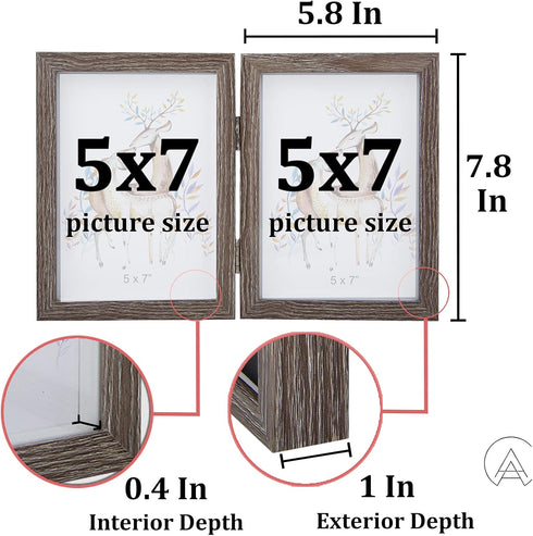 AEVETE 5x7 Double Picture Frames Hinged Wood Folding Frames for Vertically Display, Gray