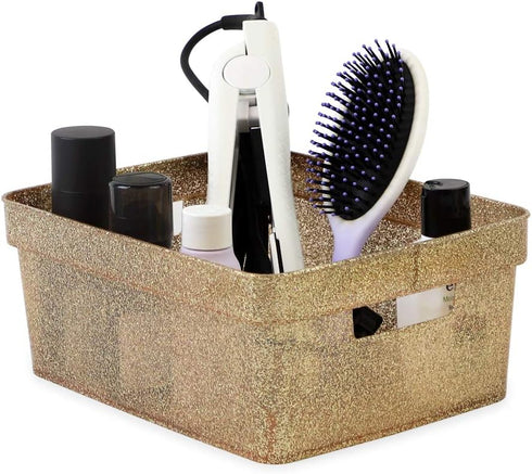 Isaac Jacobs Small Glitter Storage Bin (10” x 7.5” x 4.25”), Set with Cut-Out Handles, Multi-Functional Organizer, Gold