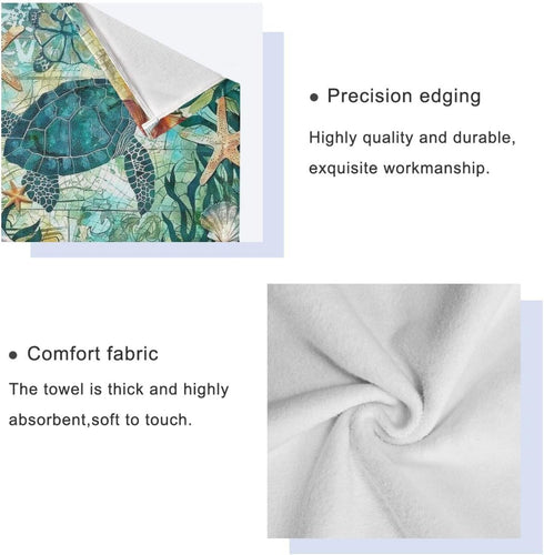 Vdsrup Set 3 Vintage Ocean Turtle Towels of Sea Starfish World Map Hand Towel Bath Towel Washcloth Soft Thin Face Guest