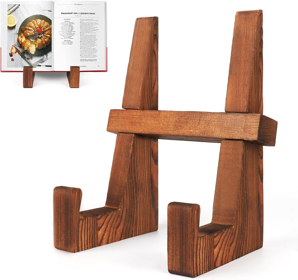Cookbook Stand for Kitchen - 8.8 Inch Wooden Holder for Kitchen Counter, Multifunctional Rustic Brown Recipe Book Stand.