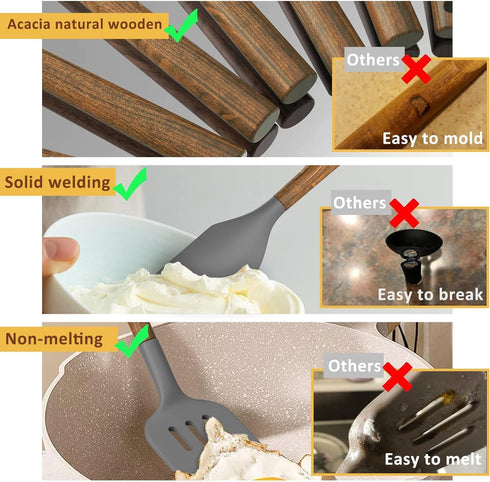 Umite Chef Silicone Cooking Utensil Set, 8-Piece Kitchen Gadgets with Acacia Wooden Handles, Grey