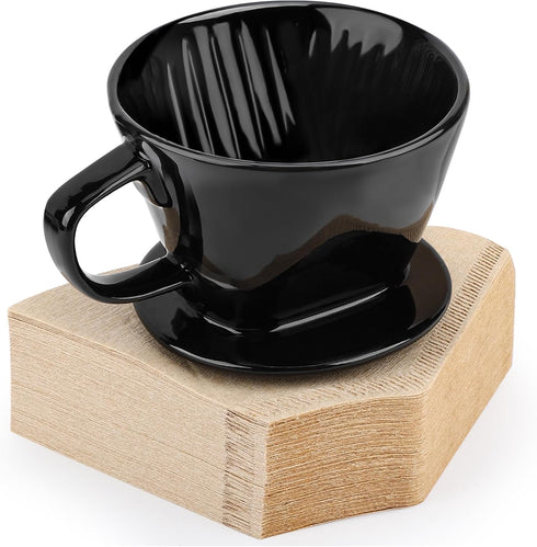 Segarty Black Ceramic Pour Over Coffee Dripper Set, Single Cup with 200PCS Size #2 Cone Coffee Filters