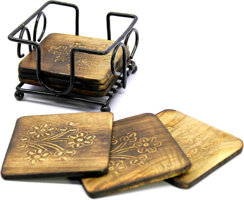 StonKraft Rustic Vintage Look Wooden Tea Coffee Coasters Set with Wrought Iron Holder