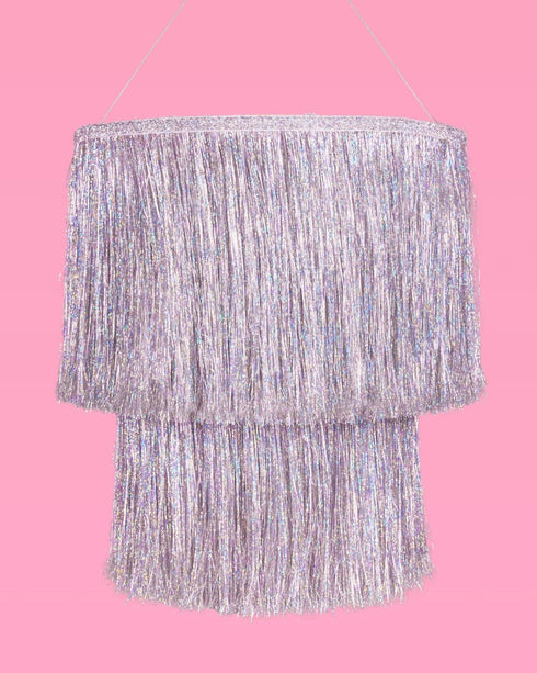 16" xo, Fetti Fringe Tinsel Chandelier - Iridescent Silver Foil, | Bachelorette Party Decorations, Birthday Photo Booth