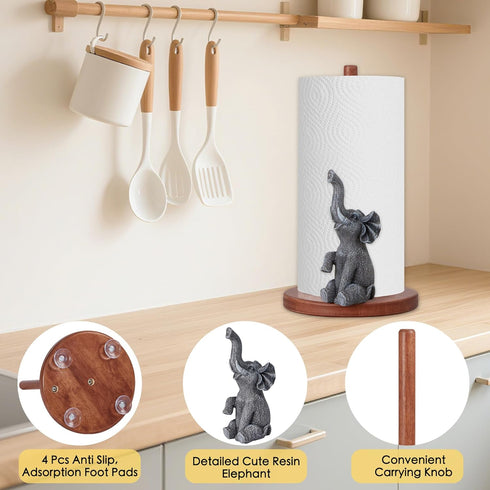 Countertop Home,4 Elephant Paper Towel Holder,Natural Animal Kitchen Decorative,Cute African Elephant Wooden Stand Anti