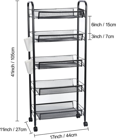 5 360 41 Inch Fruit Vegetable Basket Storage Cart Tier Snack Cart Stackable Metal Mesh Vegetable Organizer with Degree