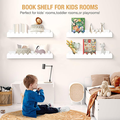 4-Pack (15.5 inch) Nursery Book Shelves, White Floating Shelves for Wall, Scalloped Shelves Small Kids Bookshelf
