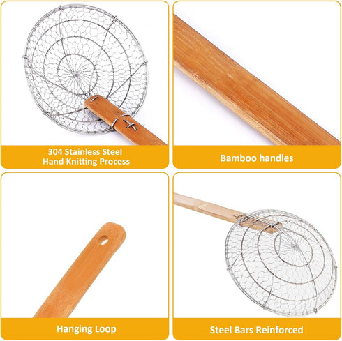 Stainless Steel Spider Strainer, Asian Kitchen Wire Food Cooking Skimmer with Natural Bamboo Handle, 6-Inch