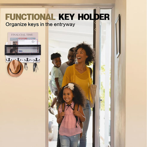 ADIIL Mail and Key Holder for Wall, Decorative Wooden Wall Key Rack Organizer with 4 Double Key Hooks, White