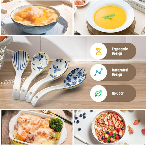 IQCWOOD 6.2-inch Asian Soup Spoons, 4pcs Ceramic Chinese Soup Spoon for Ramen, Pho, Wonton, Dumpling, Miso