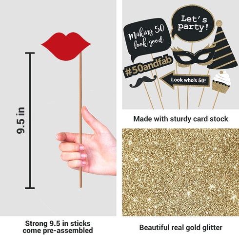 Fully Assembled 50th Birthday Photo Booth Props - Set of 30 - Cute Bday Designs with Real Glitter - Black & Gold Selfie