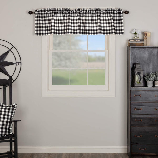 VHC Brands Annie Buffalo Check Cotton Farmhouse Kitchen Curtains - Rod Pocket 16x72 Valance, Black