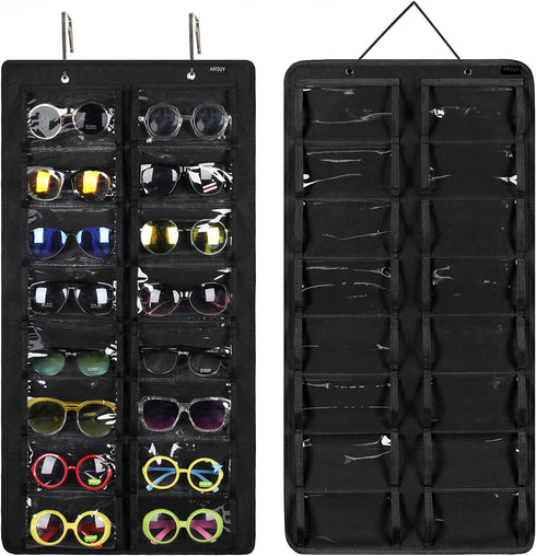 AROUY Sunglasses Organizer with 16 Felt Slots, Dust Proof Wall Pocket Glasses Holder, Black, Sturdy Rope and Metal Hook