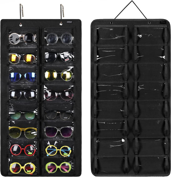 AROUY Sunglasses Organizer with 16 Felt Slots, Dust Proof Wall Pocket Glasses Holder, Black, Sturdy Rope and Metal Hook