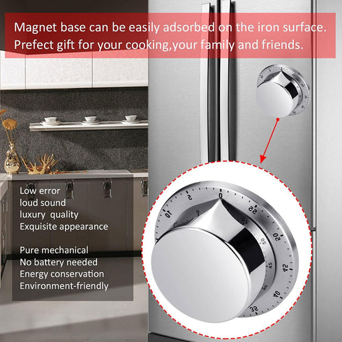 Chef Cooking Timer Clock, Kitchen Timer with Loud Alarm, 100% Mechanical - Silver, 1 Pack, Magnetic Backing, Exquisite