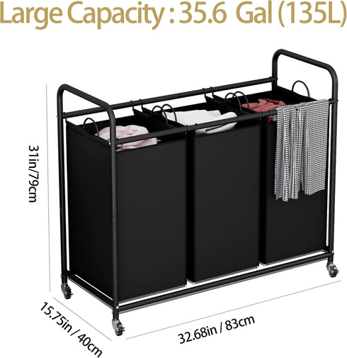 3-Bag 35.6 Gal(135 LINZINAR Laundry Basket, Black Laundry Hamper, L) Laundry Sorter Cart Laundry Room Organization
