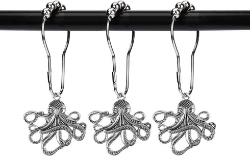 Set of 12 Octopus Shower Curtain Hooks, Decorative Stainless Steel Rustproof Brushed Nickel Rings for Bathroom