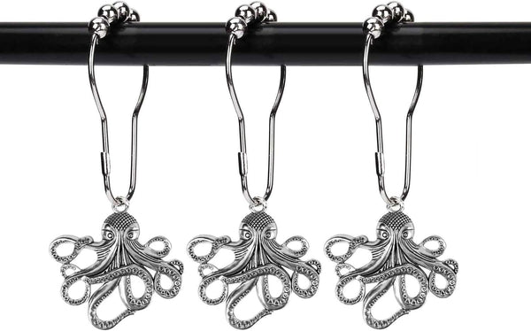 Set of 12 Octopus Shower Curtain Hooks, Decorative Stainless Steel Rustproof Brushed Nickel Rings for Bathroom