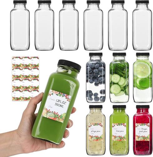 Alotpower 12 oz Glass Juice Bottles with Lids 12Pack, 360ml Square Reusable