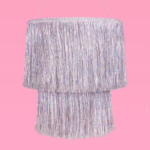 16" xo, Fetti Fringe Tinsel Chandelier - Iridescent Silver Foil, | Bachelorette Party Decorations, Birthday Photo Booth