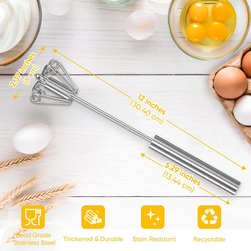 OOKUU Stainless Steel Egg Whisk - Whizzy Whisk, Semi-Automatic Blender for Blending, Whisking, Beating (2Pack 12in)