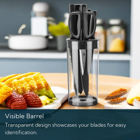 Universal Knife Block without Knives, Round Kitchen Knife Holder with Scissors Slot,Space Saver Knife Storage with Clear Barrel - Unique Slot Design to Protect Blades and Detach for Easy Cleaning