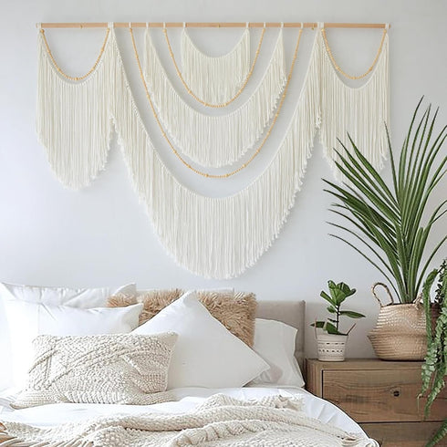 Flber 57" 41" Large Macrame Wall Hanging Boho Yarn Art Garland with Tassels and Beads, Handmade Rope Decor for Nursery