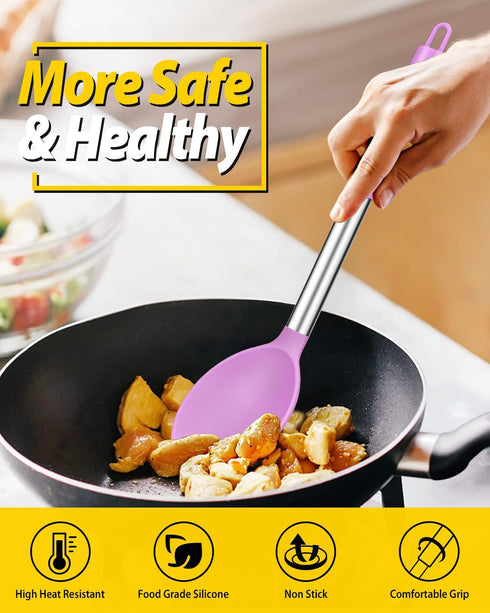 Pack of 2 Large Silicone Cooking Spoons, Non Stick Solid Basting Utensils for Mixing and Serving (Pink-Purple)