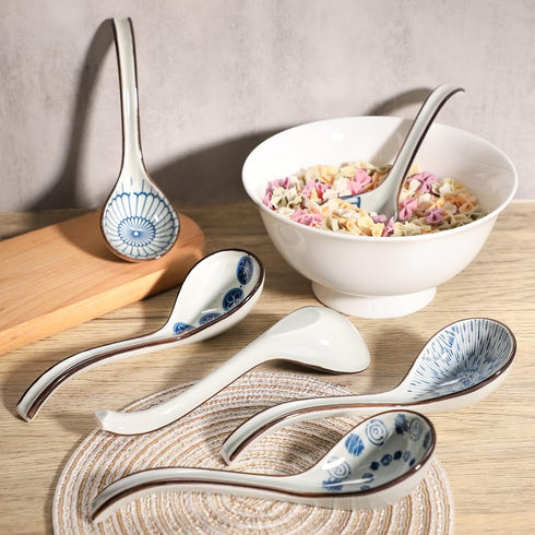 Ceramic Soup Spoons Set of 6, Long Handle Japanese Ramen Spoon for Dumpling, Noodles, Miso, Chinese Wonton