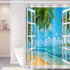 Summer Shower Curtain for Bathroom White Window Blue Sky Sea Water Shower Curtain Set Green Palm Trees Leaves Polyester Fabric Shower Curtains with Hooks 72x72 inches