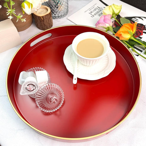 13 Inch Red Decorative Tray, Serving Tray with Handles, Round Decorative Tray for Coffee Table, Plastic Tray