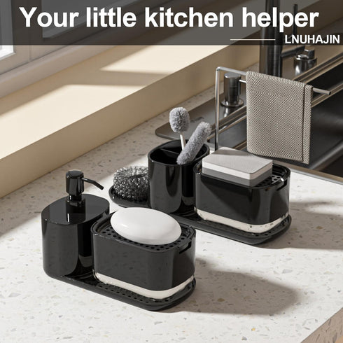 Kitchen Soap Dispenser Set with Tray and Sponge Holder, 3-in-1 Kitchen Sink Countertop Storage Organizer