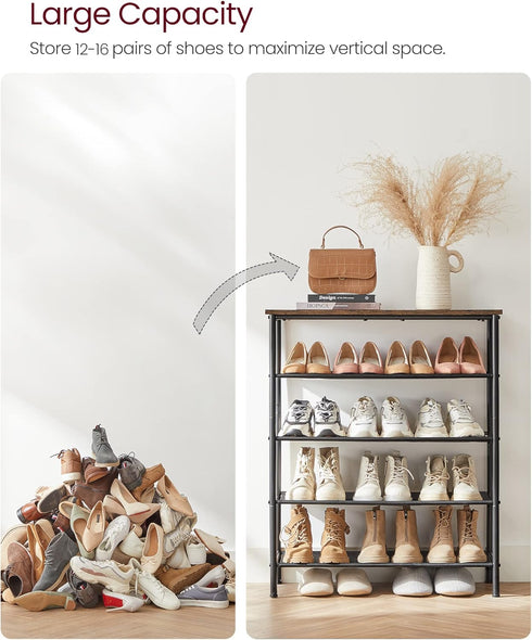 VASAGLE 5 Tier Shoe Rack, Shoe Organizer for Entryway, Holds 12-16 Pairs, with 4 Fabric Shelves, Rustic Brown and Black