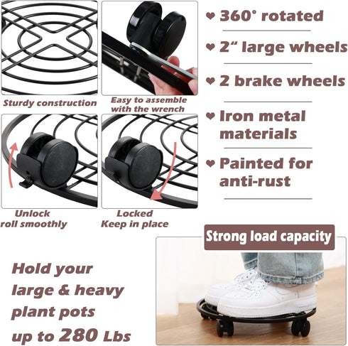 lucpur 12" 3 Packs Metal Plant Caddy with Wheels Large Rolling Plant Stands Indoor Wheeled Plant Dolly Heavy-duty