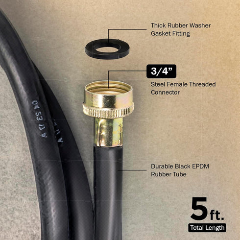 2565, 5 Feet Washing Machine Hose, Durable Black EPDM Rubber Tube Cover, 3/4" x 3/4" Female Connector, MADE IN USA