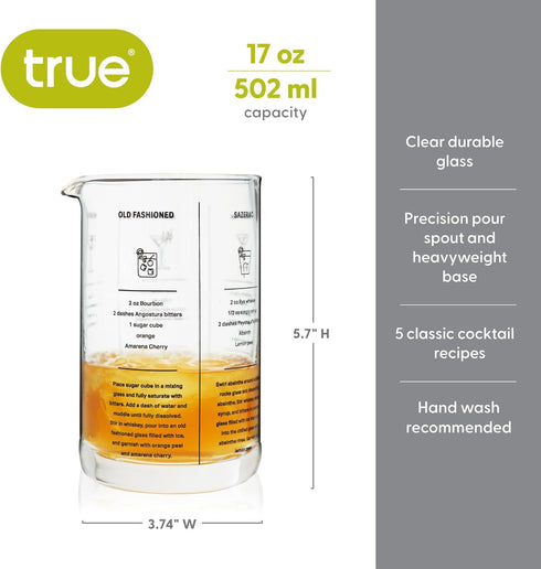 True Mixing Glass Cocktail and Bar Tools: 17 Oz, 1-Piece with Thick Base, Pour Spout, and 5 Printed Recipes